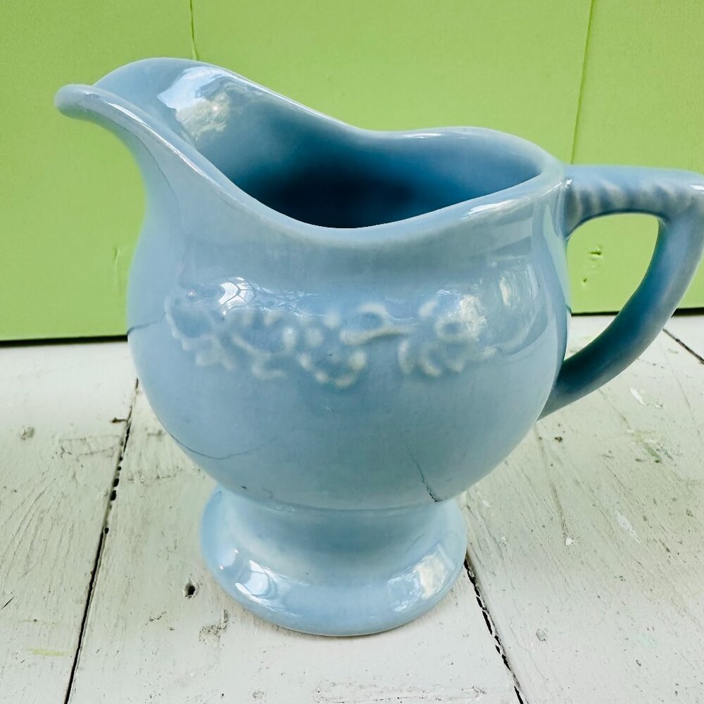Vintage Del Coronado Blue Creamer Pitcher, California Pottery, Floral Embossed